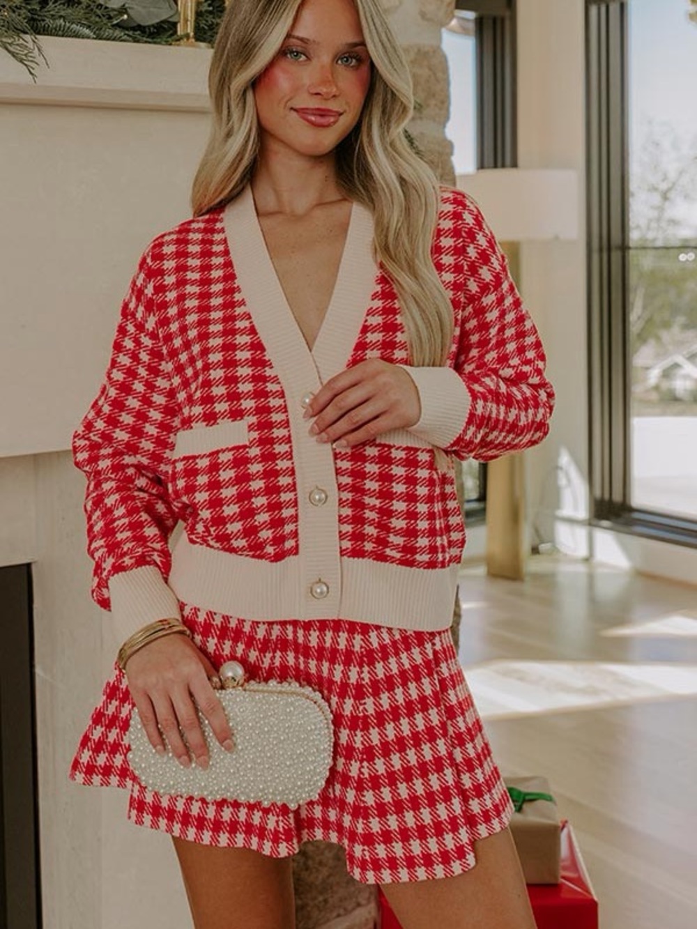 Skies Are Blue Red and Cream Plush Textured Sweater
